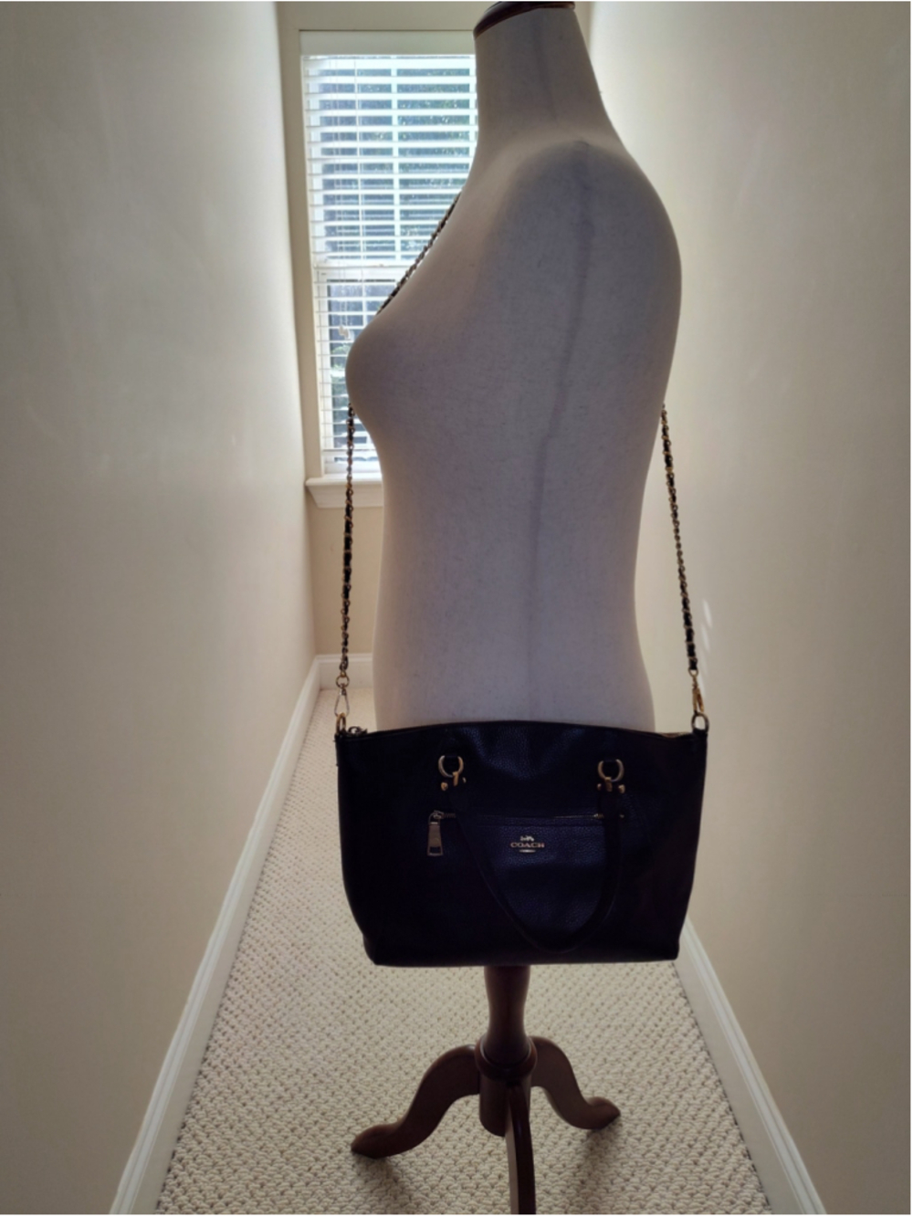 Women's Coach Black Leather Shoulder Bag with Gold Chain Strap